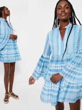 Hyacinth House Blue & White Bell Sleeved Blaine Mini Dress Size XXS NWT